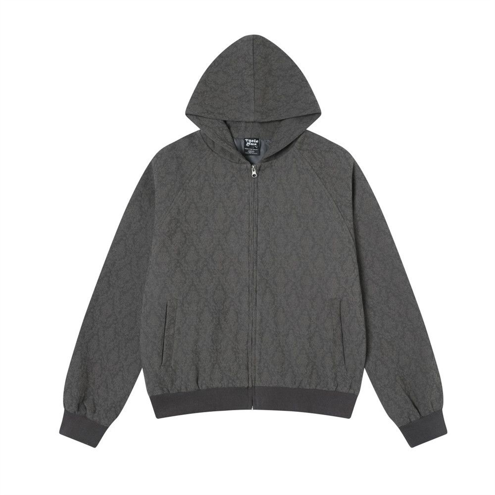 Dark Pattern Diamond Grid Hooded Men's High Street Versatile Loose Casual Short Zipper Jacket Trendy_voghion.com