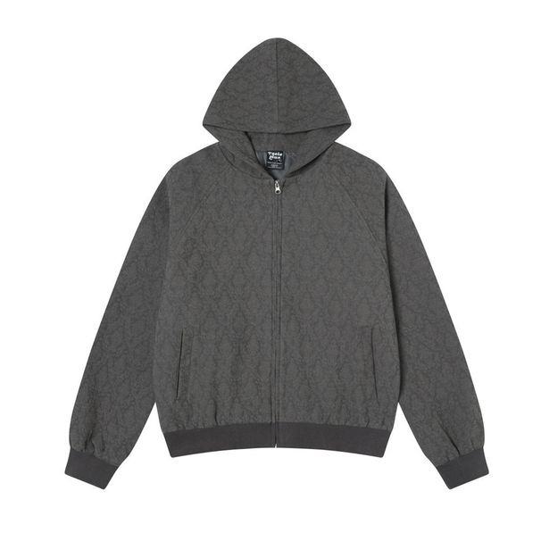 Dark Pattern Diamond Grid Hooded Men's High Street Versatile Loose Casual Short Zipper Jacket Trendy_voghion.com