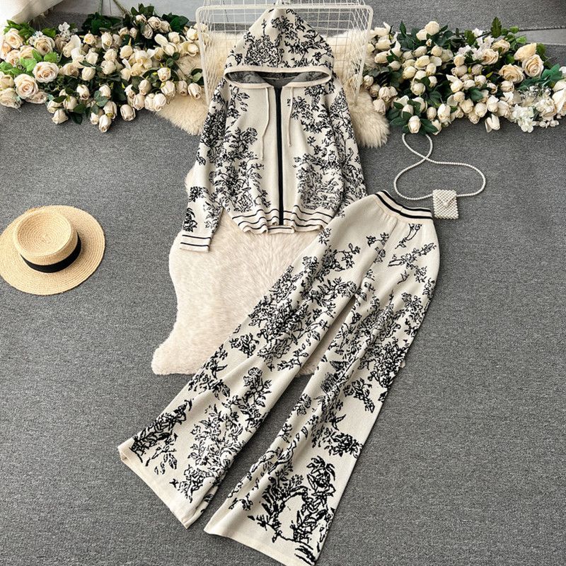 Damen Casual Fashion Anzug-reduzierendes bedrucktes Kapuzenpullover mit hoher Taille und weitem Bein, gestricktes zweiteiliges Set_voghion.com