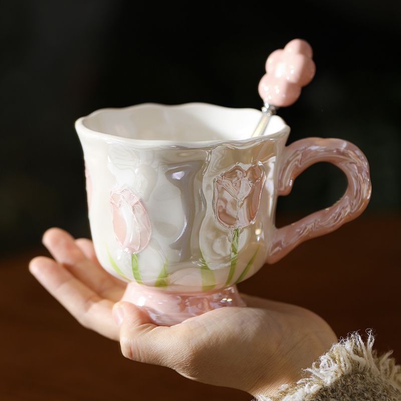 Pearlescent Flower Goblet Tulip Ceramic Cup Hand-painted Personalized Mug Gift For Best Friend's Birthday_voghion.com