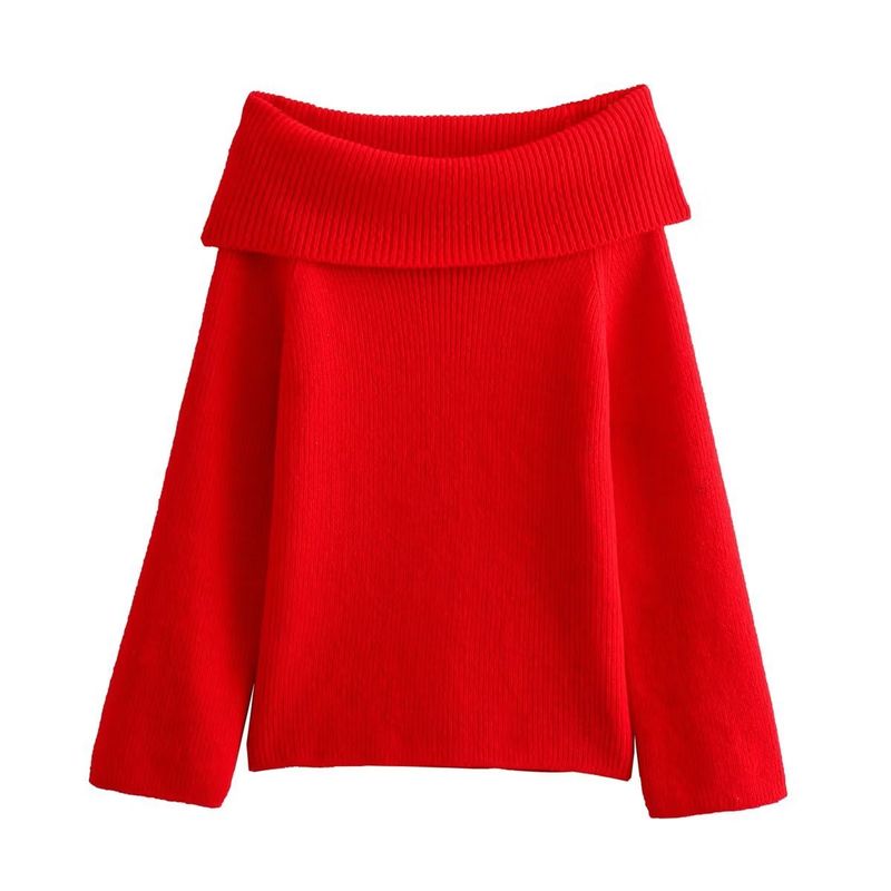 Women's temperament simple one-line shoulder long-sleeved sweater top_voghion.com