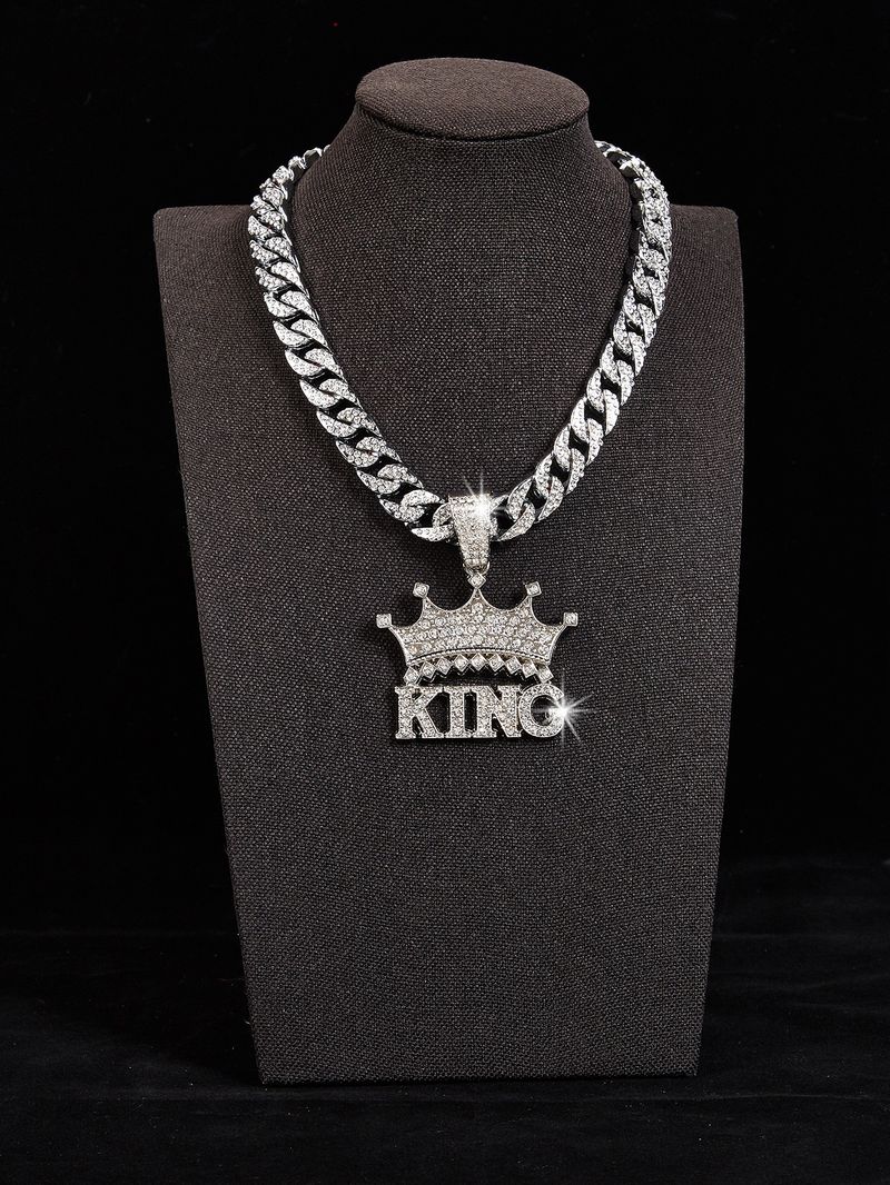Trendy Personality Crown King Letter Pendant Necklace For Men Versatile Full Diamond Hip Hop Cuban Chain_voghion.com