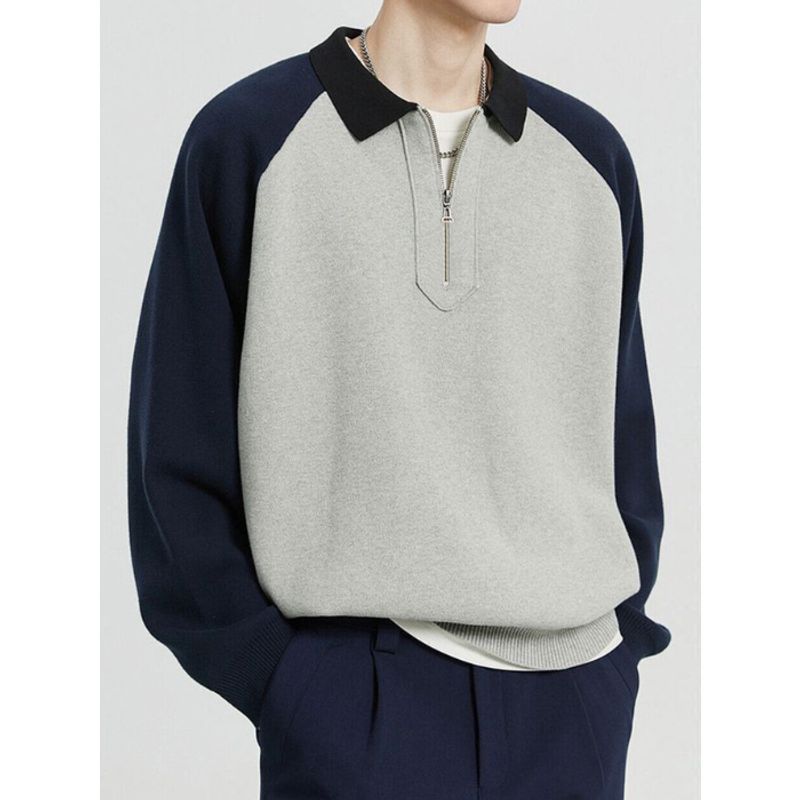 Herren-Poloshirt mit Reißverschluss im Color-Block-Design – Lässiges Retro-Oberteil mit langen Ärmeln und entspannter Passform (S-2XL, Hellgrau)​_voghion.com