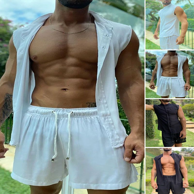 Ensemble de plage décontracté pour hommes, ensemble sans manches à rayures de couleur unie, ensemble chemise pour hommes deux pièces_voghion.com