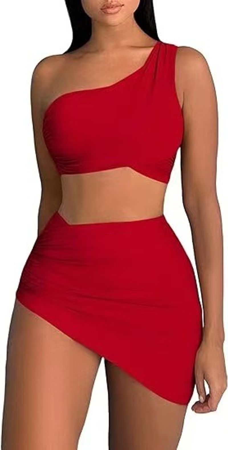 Traje de baño para mujer, bikini dividido, color sólido, traje de baño de un solo hombro, conjunto de piezas para mujer_voghion.com