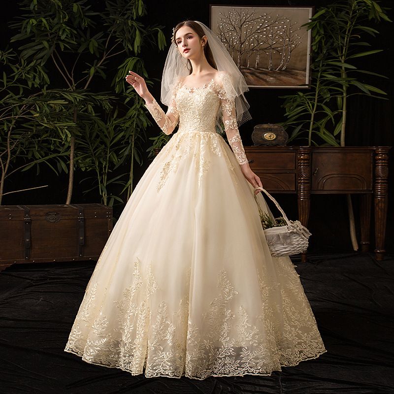 Elegante abito da sposa in pizzo a maniche lunghe con maniche a principessa, silhouette a trapezio e schiena a corsetto - Disponibile in taglie forti_voghion.com