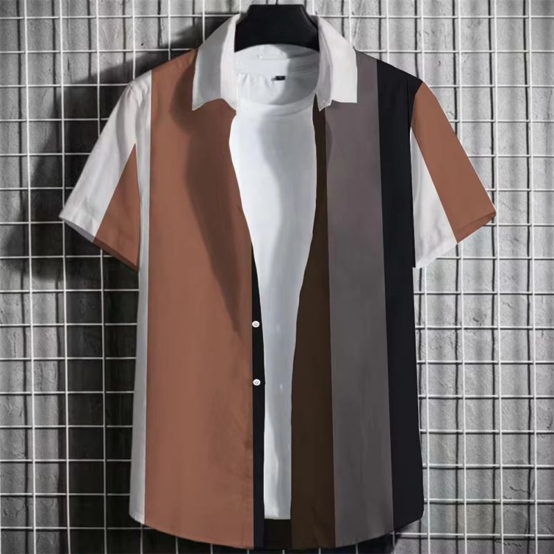 Bunte, einfache Streifen-Hawaiihemden für Männer, Farbblock, 3D-Druck, kurzärmelige Oberteile, modische Streetwear-Bluse mit Reversknopf_voghion.com