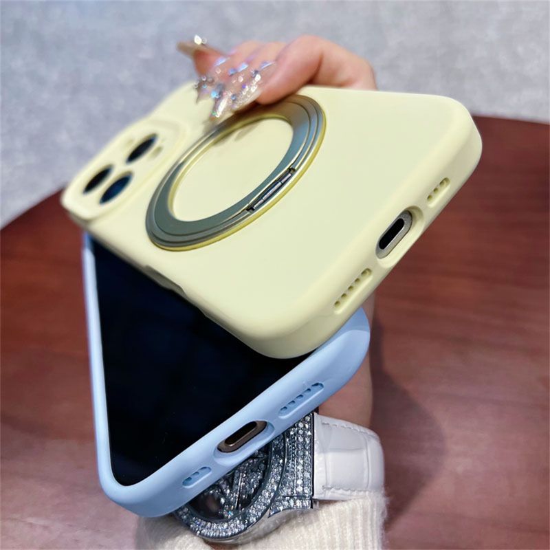 Metal Ring Stand Holder Liquid Silicone Magnetic Phone Case For Iphone 15 14 Plus 16 Pro Max Bracket Cover Funda_voghion.com