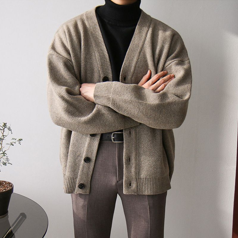 Frühling und Herbst Strickjacke mit Kragen, koreanischer trendiger, einfarbiger Herrenpullover im lockeren, lässigen Lazy-Style_voghion.com