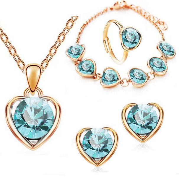 Ensemble de bijoux en cristal en forme de cœur pour femme, collier, boucles d'oreilles, bague, bracelet, ensemble de quatre pièces_voghion.com