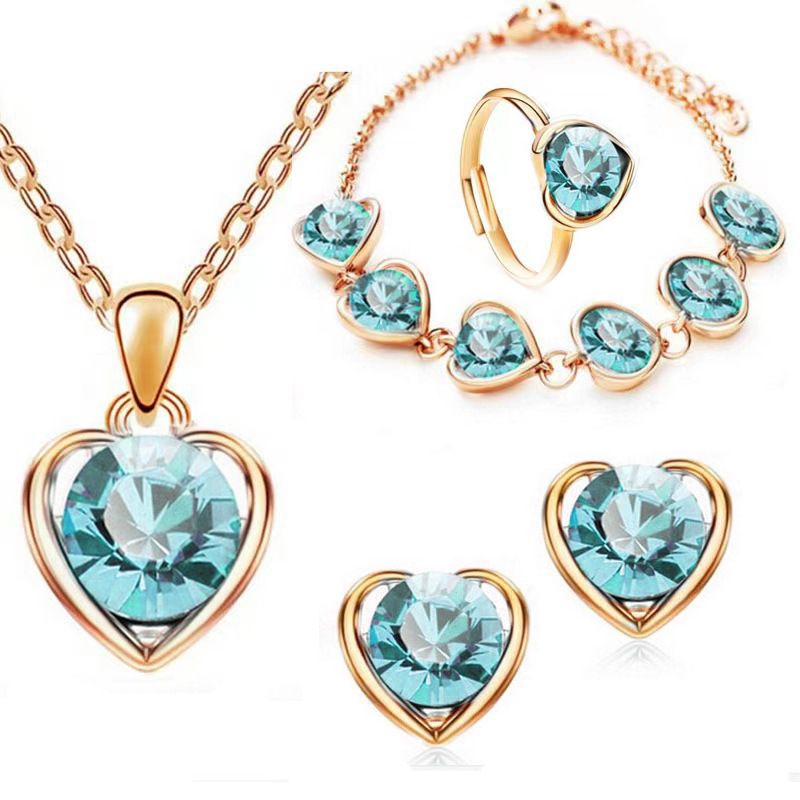 Kristallen hartvormige sieradenset voor vrouwen persoonlijkheid temperament hart ketting oorbellen ring armband vierdelige set_voghion.com