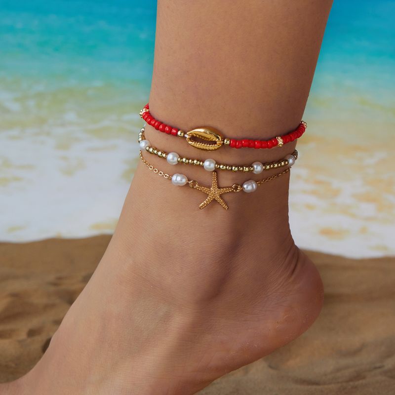 New Bohemian Style Seed Bead 3 Pieces Stackable Summer Beach Starfish Shell Anklets_voghion.com