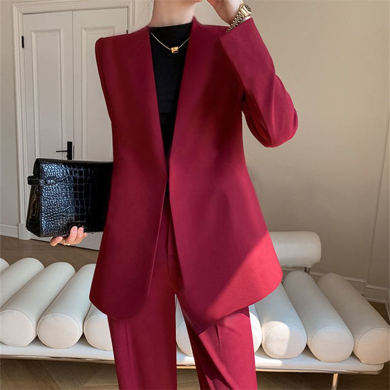 Women's Autumn Blazer Suit Set Two-Piece Outfit Relaxed Fit Casual Jacket & Pants For Petite Ladies In Vibrant Colors_voghion.com