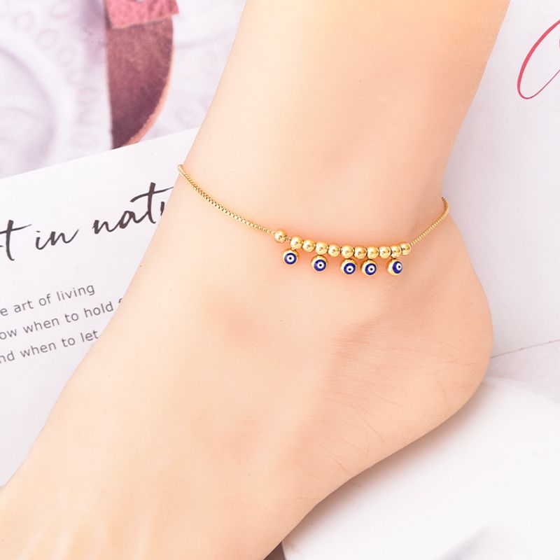 Lässiges, schlichtes Fußkettchen für Damen im Teufelsauge-Stil aus Titanstahl mit Emaille-Perlen_voghion.com