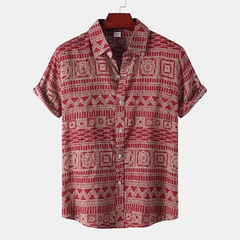 2024 Summer New Men's Ethnic Printed Floral Short Sleeve Shirt Casual Loose Fashion Daily Beach Vacation Style Tops_voghion.com