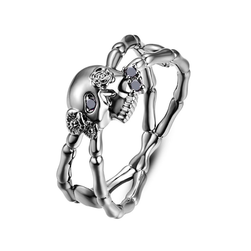 Black Gold Plated Women Men Antique Gothic Skull Ring Retro Oxidized Finished Cubic Zirconia Filled Engagement Promise Vintage Skeleton Bone Band_voghion.com