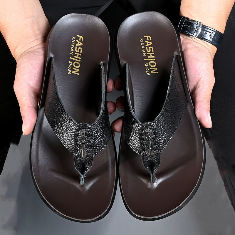 SHLIANG Neue Sandalen Männer Sommer Männer Flip-Flops Hohe Qualität Rindsleder Strand Sandalen Anti-slip Zapatos Hombre Casual Schuhe Hausschuhe s128A_voghion.com