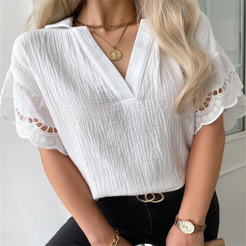 2023 New Summer Lace Edge V-hals kortærmet afslappet skjorte_voghion.com
