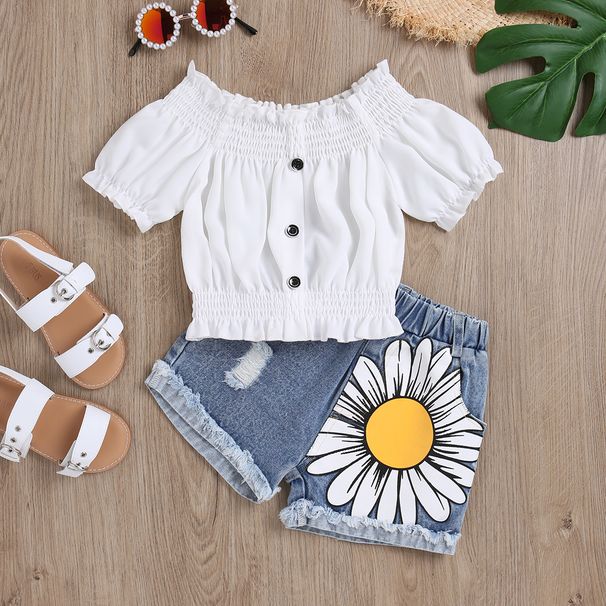 Off-Shoulder-Stretch-Denim-Set für Mädchen – Distressed-Blumenstickerei & Cropped-Top + Shorts (90–130 cm)_voghion.com