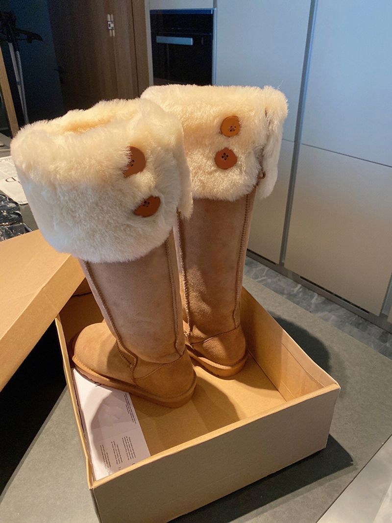 P92023 automne hiver nouveau Style coréen mi-mollet bottes de neige chaudes avec Veet et boutons épaissis, polyvalent en peluche femmes_voghion.com