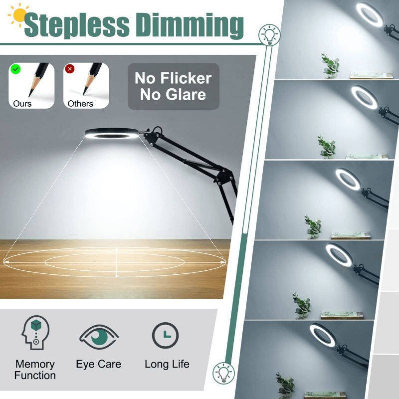 Dimmable LED Desk Lamp with 5X Magnifier Glass and Swing - Flexible Clamp-on Design with 3 Color Modes for Illuminated Reading and Crafting_voghion.com
