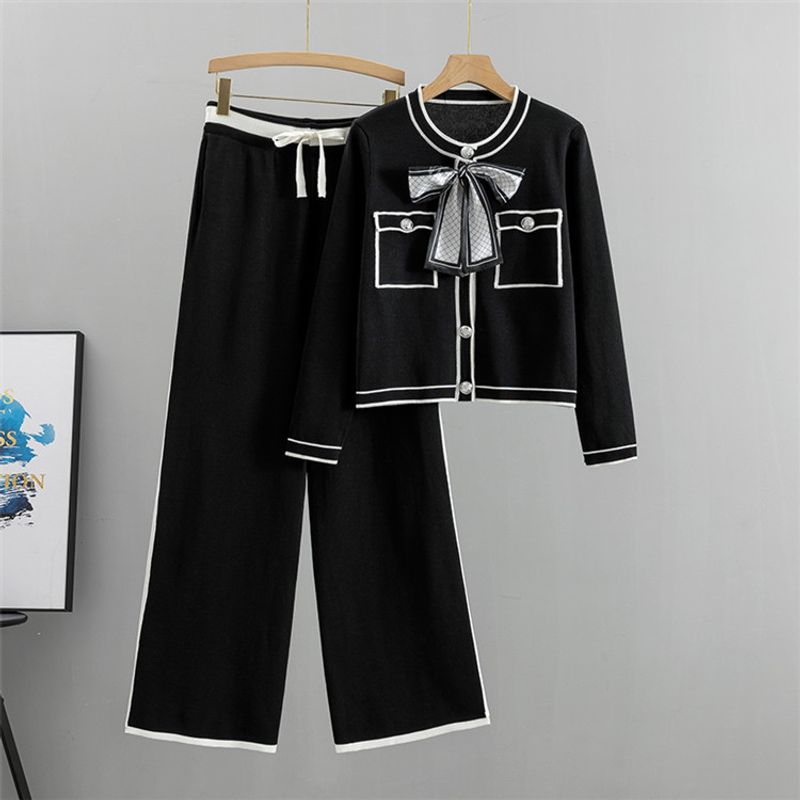 Women's Clothing goods style fashion suit women autumn temperament knitted cardigan style wide leg pants two piece suit_voghion.com