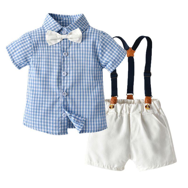 Babykleidung Sommer Jungenanzug Baby Kinder Baumwollkleidung kariertes Hemd Kinder Kurzarm Sommer Hosenträger Shorts Geburtstag_voghion.com