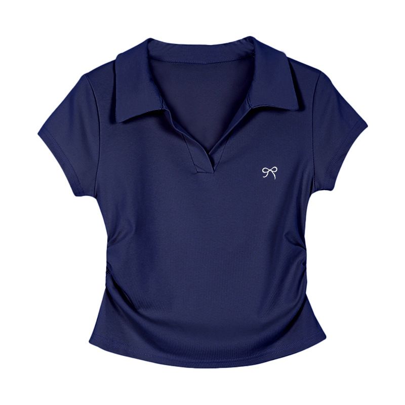 T-Shirt mit Polokragen und Ärmeln aus Baumwolle für den Sommer für Damen, Basisshirt in Übergröße, dick, schlankmachend, hochwertig, plissiert_voghion.com
