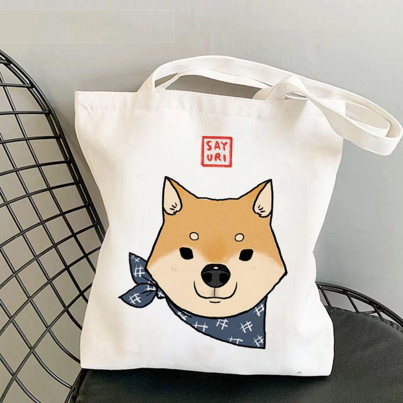 Shiba Inu Printed Canvas Bag Single Shoulder Backpack Student Casual Hand Shopping Bag_voghion.com