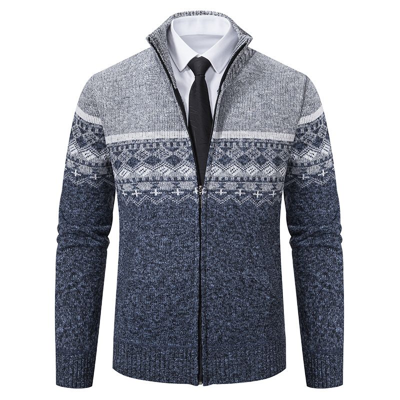 Negócios outono veludo engrossado suéter masculino de meia idade gola alta cor bloqueada retro jacquard cardigan de malha_voghion.com