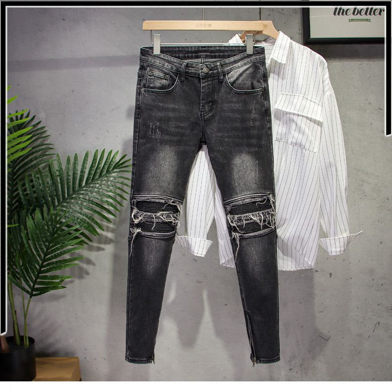 Menns jeans Ni-punkts bukser Slim dobbel glidelås Stretch Uformelle bukser Lang_voghion.com