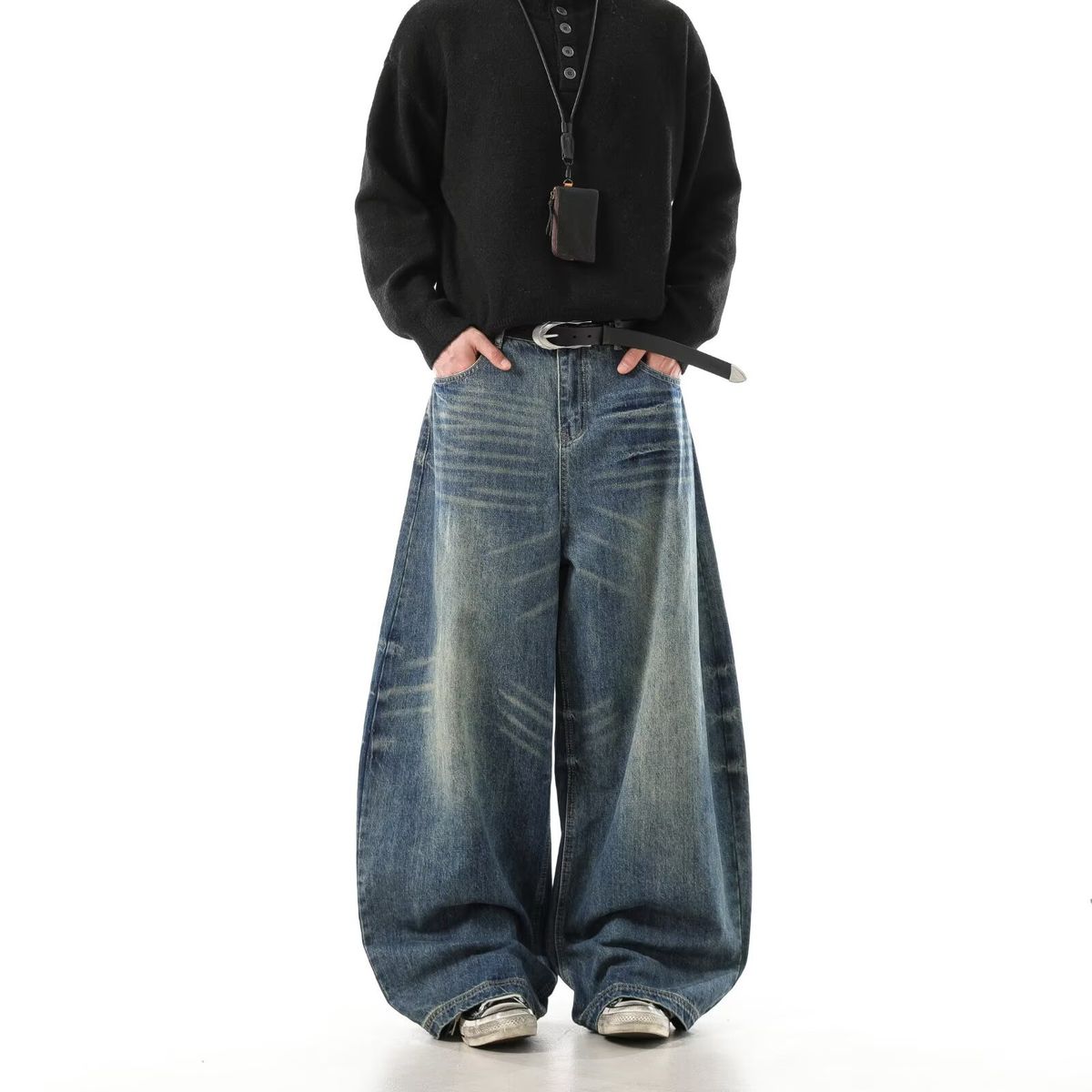 Men's Clothing Cat Whisker Scimitar Jeans Vintage Washed Blue Jeans - Unisex Flared Bootcut Pants With Cat Whisker & Relaxed Fit (Retro Blue)_voghion.com