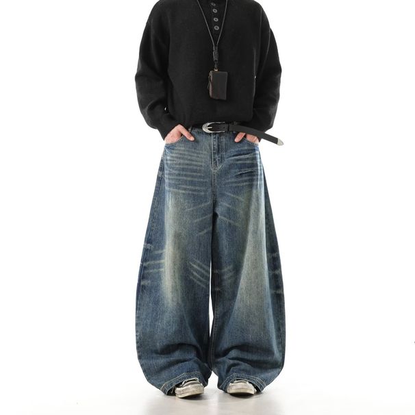 Men's Clothing Cat Whisker Scimitar Jeans Vintage Washed Blue Jeans - Unisex Flared Bootcut Pants With Cat Whisker & Relaxed Fit (Retro Blue)_voghion.com