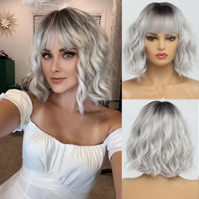 Women's wig with straight bangs, short curly hair, water ripple, multiple colors available, rose mesh headband cover_voghion.com