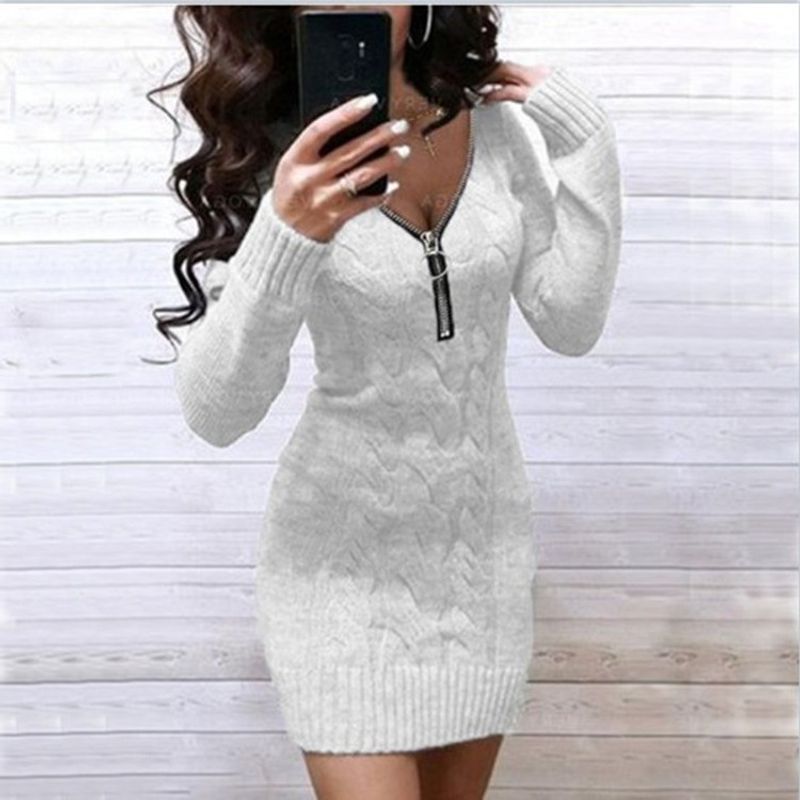 Vêtements pour femmes Pull mi-long Fermeture éclair Col en V Manteau Robe_voghion.com
