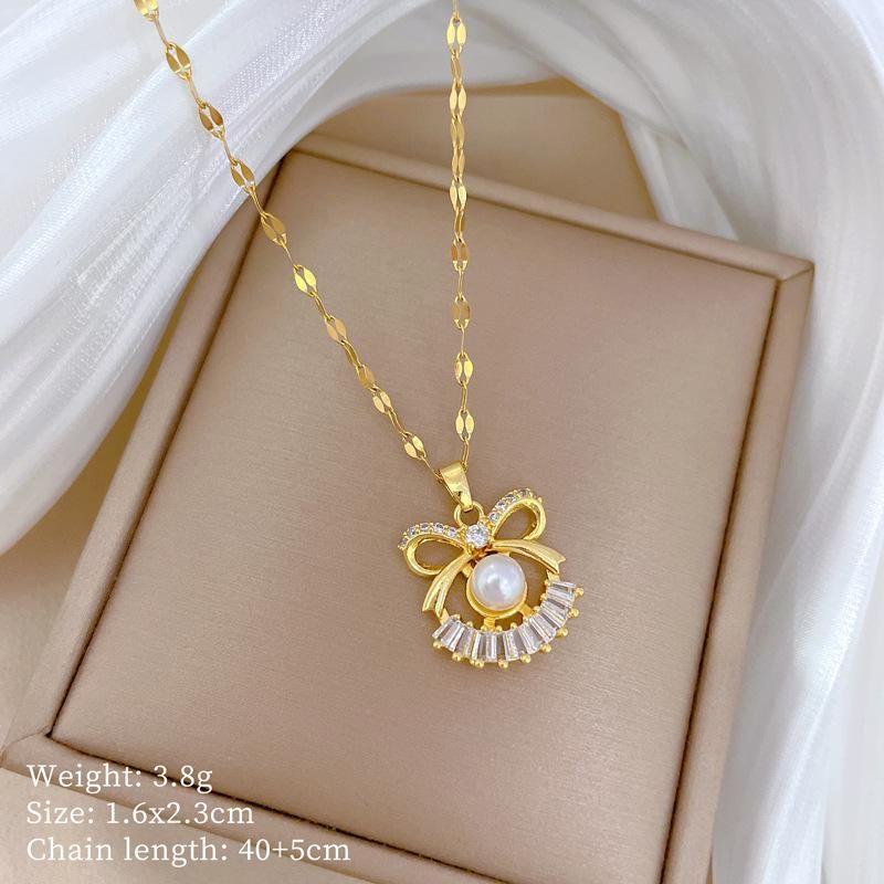 Luxo bowknot pérola zircão brincos pingente colar para mulheres meninas coreano moda aço inoxidável clavícula corrente gargantilha colar festa jóias_voghion.com