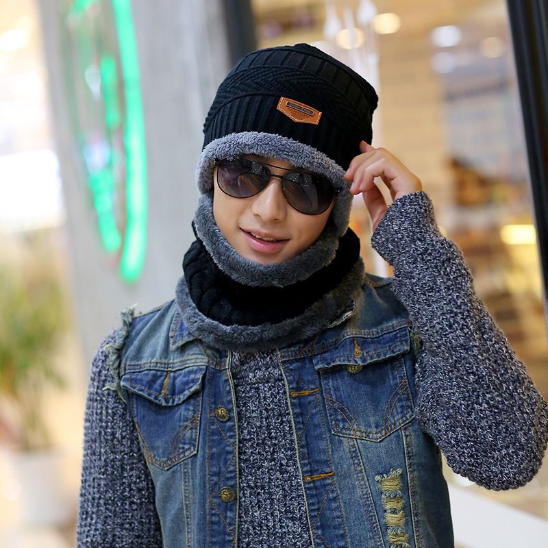 Mütze Koreanische Version Trendy Strickpullover mit Stoff- und Plüsch-Isolierbezug, Herrenschal, die gleiche Outdoor-Mütze_voghion.com