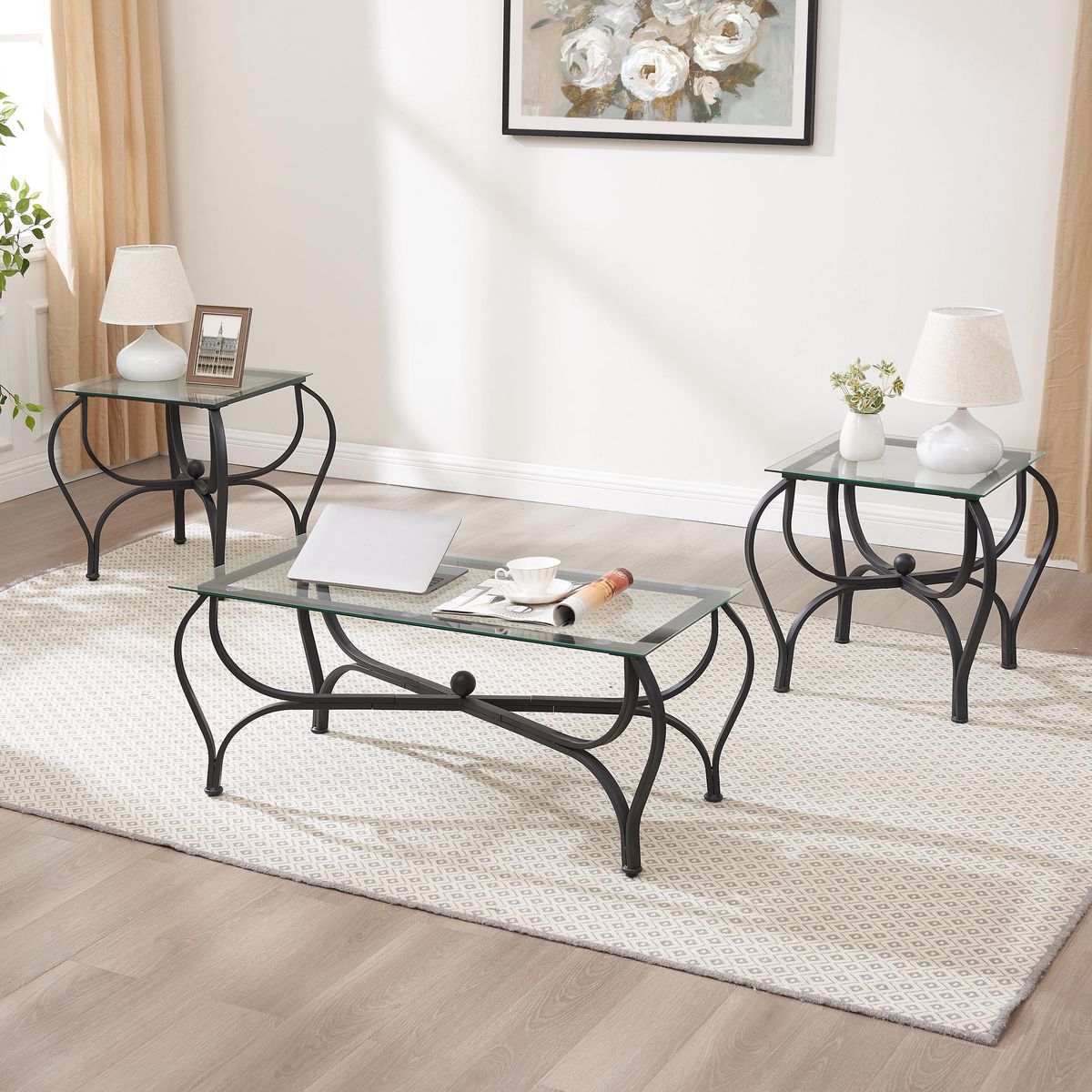 3-Piece Tempered Glass Coffee Table Set,with 1 Coffee Table & 2 End Side Table For Living Roomwhite Icon
_voghion.com