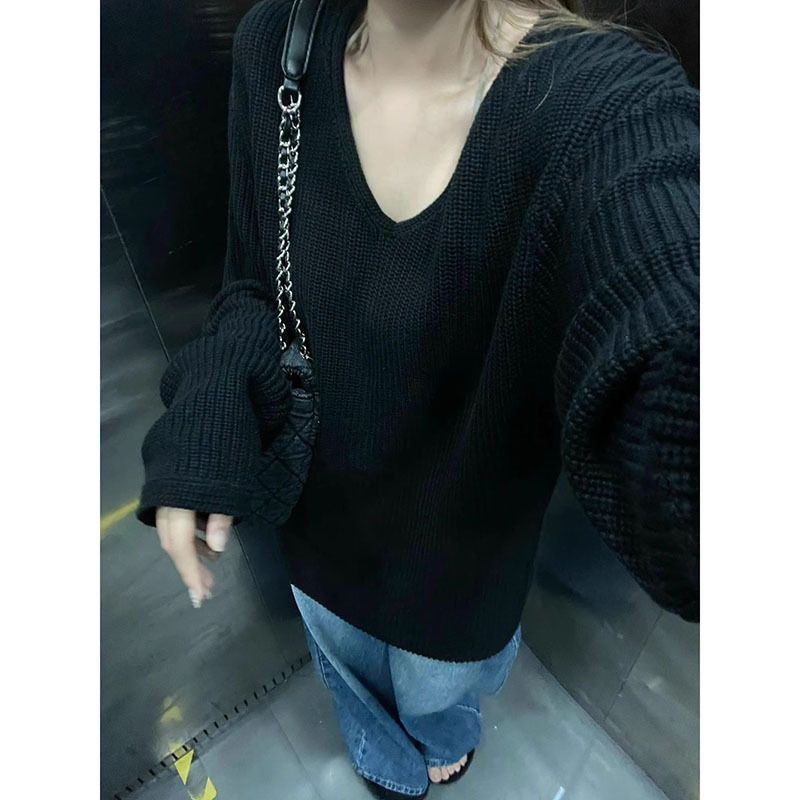 2024 loose V-neck black women's lazy autumn and winter new style, long sleeved pullover knit sweater, outerwear top_voghion.com