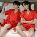 Couple's Pajama Set | Spring/Summer/Autumn Universal Ice Silk Material Short Sleeve Shorts Super Comfortable--Checkered Blue Style_voghion.com