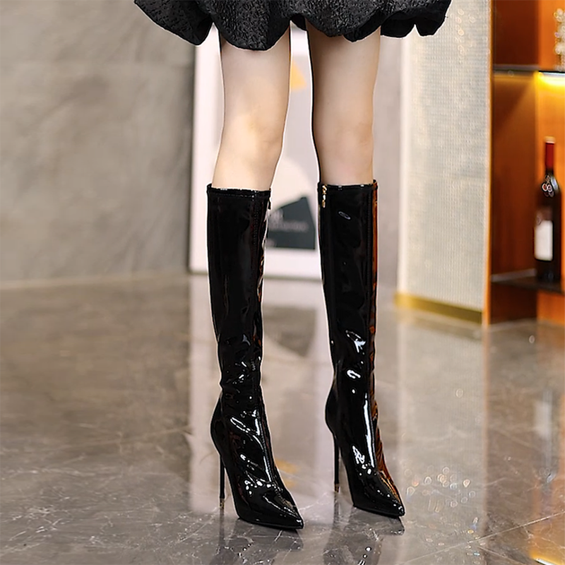 Pointed-Toe Side Zip Patent Leather Temperament Wild High-Heeled Thigh Boot_voghion.com