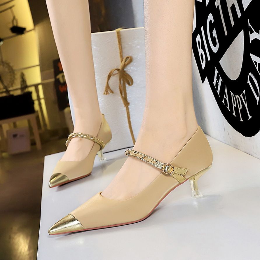High heels women's shoes thin heels high heels light mouth matching color pointed metal chain line with single shoes_voghion.com