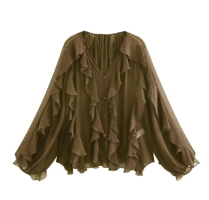 Camicia a tinta unita con decorazioni a strati, stile primaverile, per donna_voghion.com