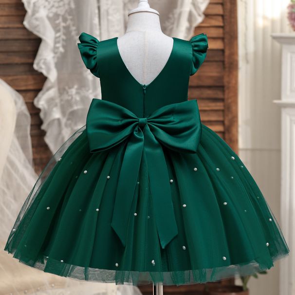 Kinderkleidung Mädchen Kleid Fliegender Ärmel Perlen Mesh Prinzessin Kleid Rückenfrei Bowknot Klavier Performance Kostüm_voghion.com