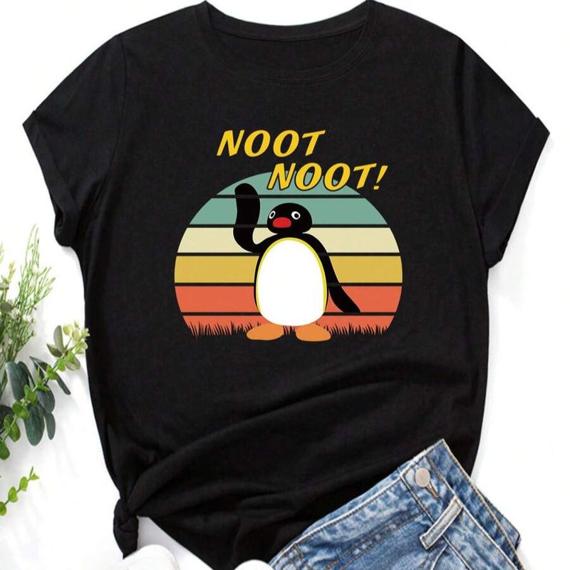 ​​Kurzarm-T-Shirt mit Rundhalsausschnitt und Pinguin-Print für Damen – Weicher Stoff aus Milchseidenmischung – Lässige Streetwear für den Sommer​​_voghion.com
