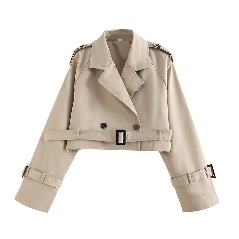 Women's Clothing casual style loose with belt long sleeve short windbreaker coat top_voghion.com
