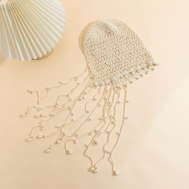 New Style Exotic Hollow Pearl Tassel Knitted Pullover Hat Retro Literary Folk Style Fisherman Hat_voghion.com