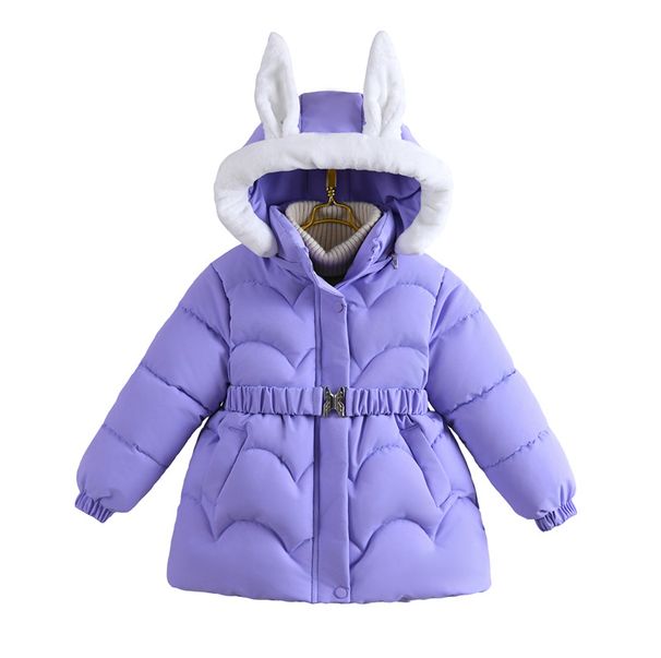 Cappotto lungo imbottito per mamma e bambini con cappuccio staccabile, fodera in peluche e pompon a forma di cuore - Giacca invernale calda con cintura regolabile in vita (viola/rosso)_voghion.com