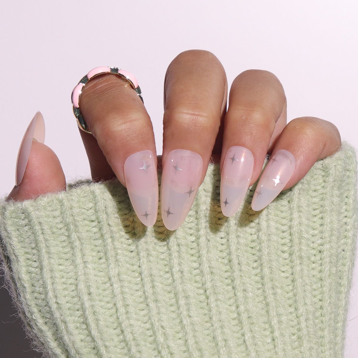 Short Almond Shape Nail Stickers - Skin Tone Star Design Press On Nails - Reusable Fake Nails For Women - Natural & Stylish False Nails_voghion.com