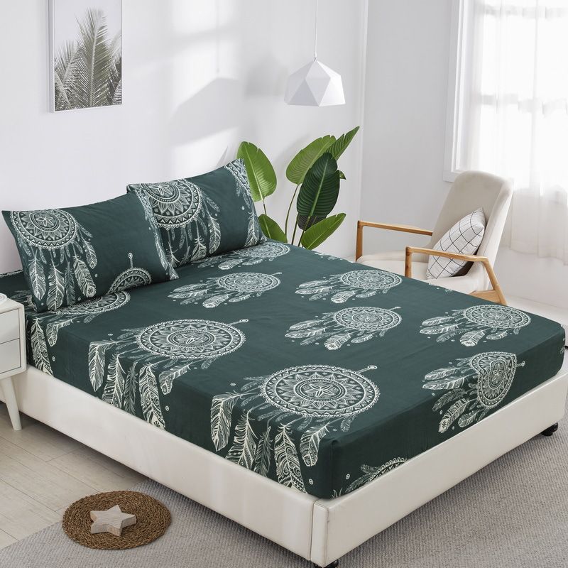 Cache-sommier bohème attrape-rêves vert – Housse de lit en polyester jacquard 3D pour une décoration de chambre élégante_voghion.com